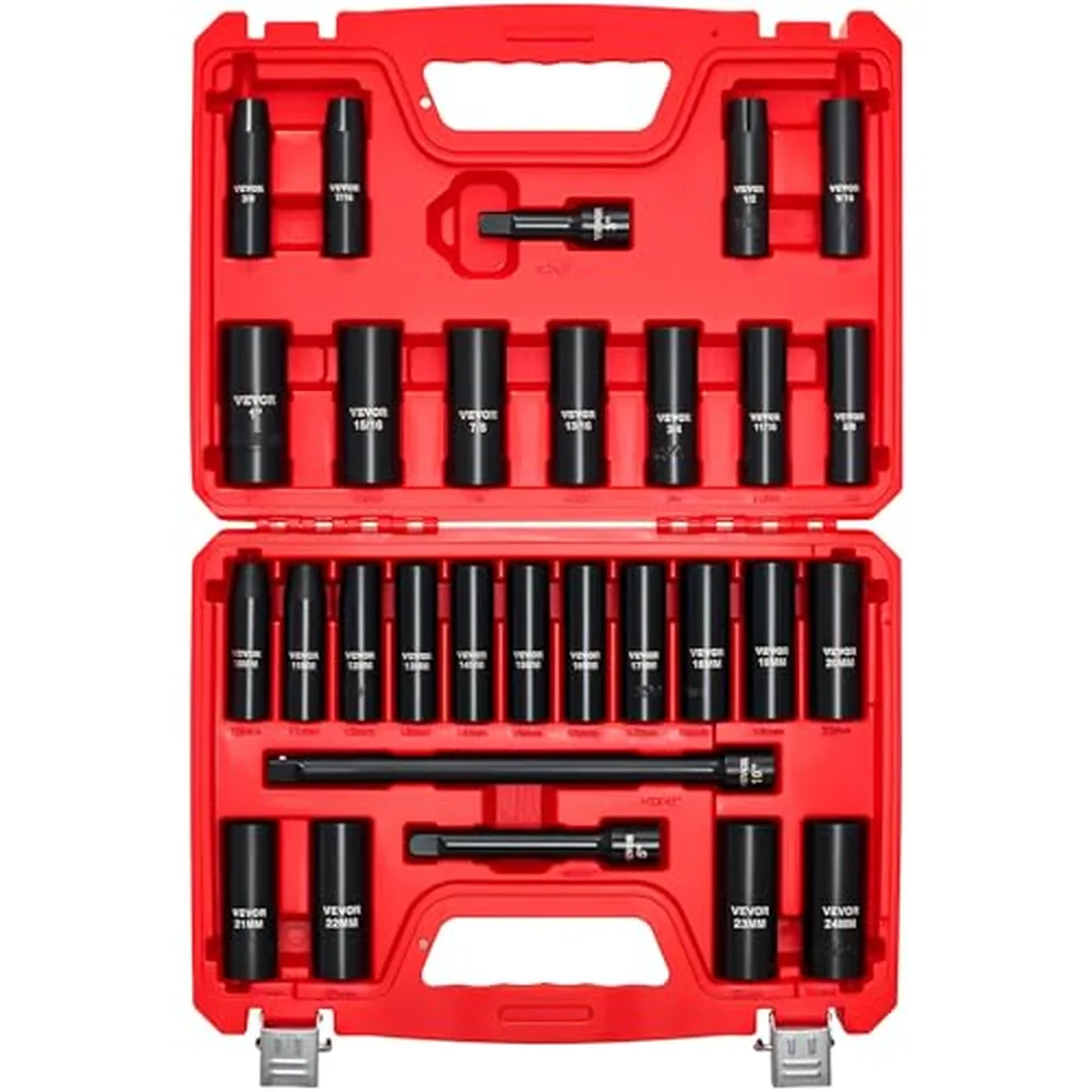 VEVOR 1/2-Inch Drive Deep Impact Socket Set, 29-Piece