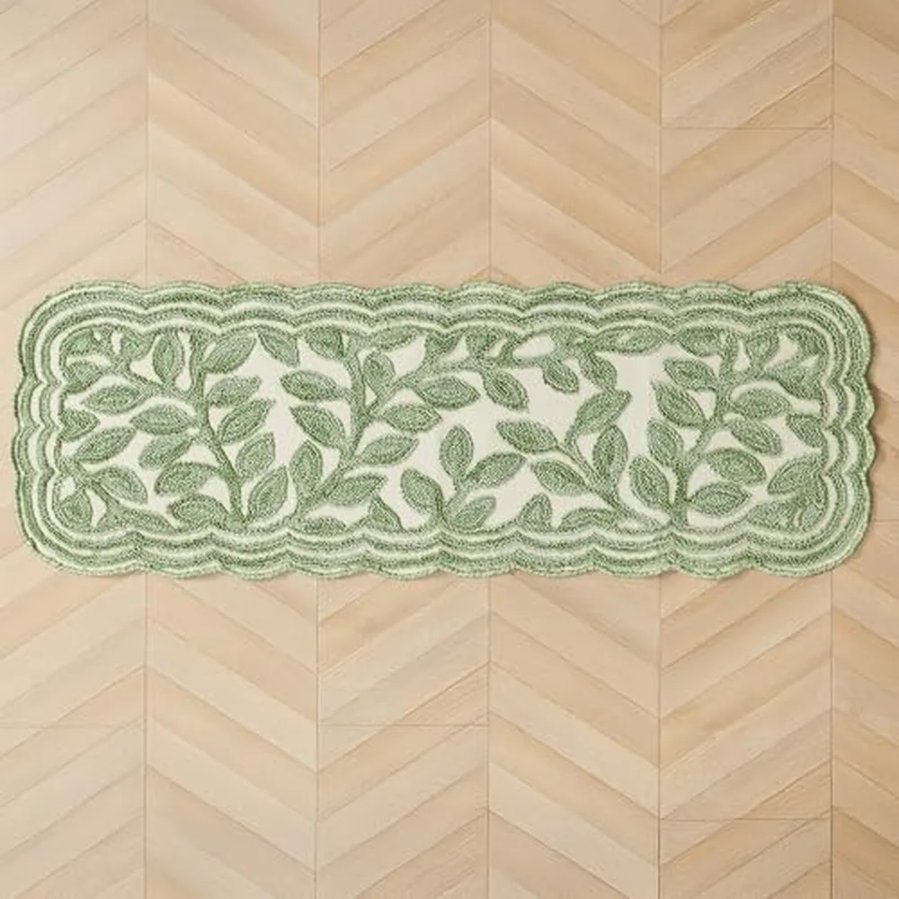 Laura Ashley Washable Scalloped Runner Rug, 20 x 60 in, Sage Leaf Vines