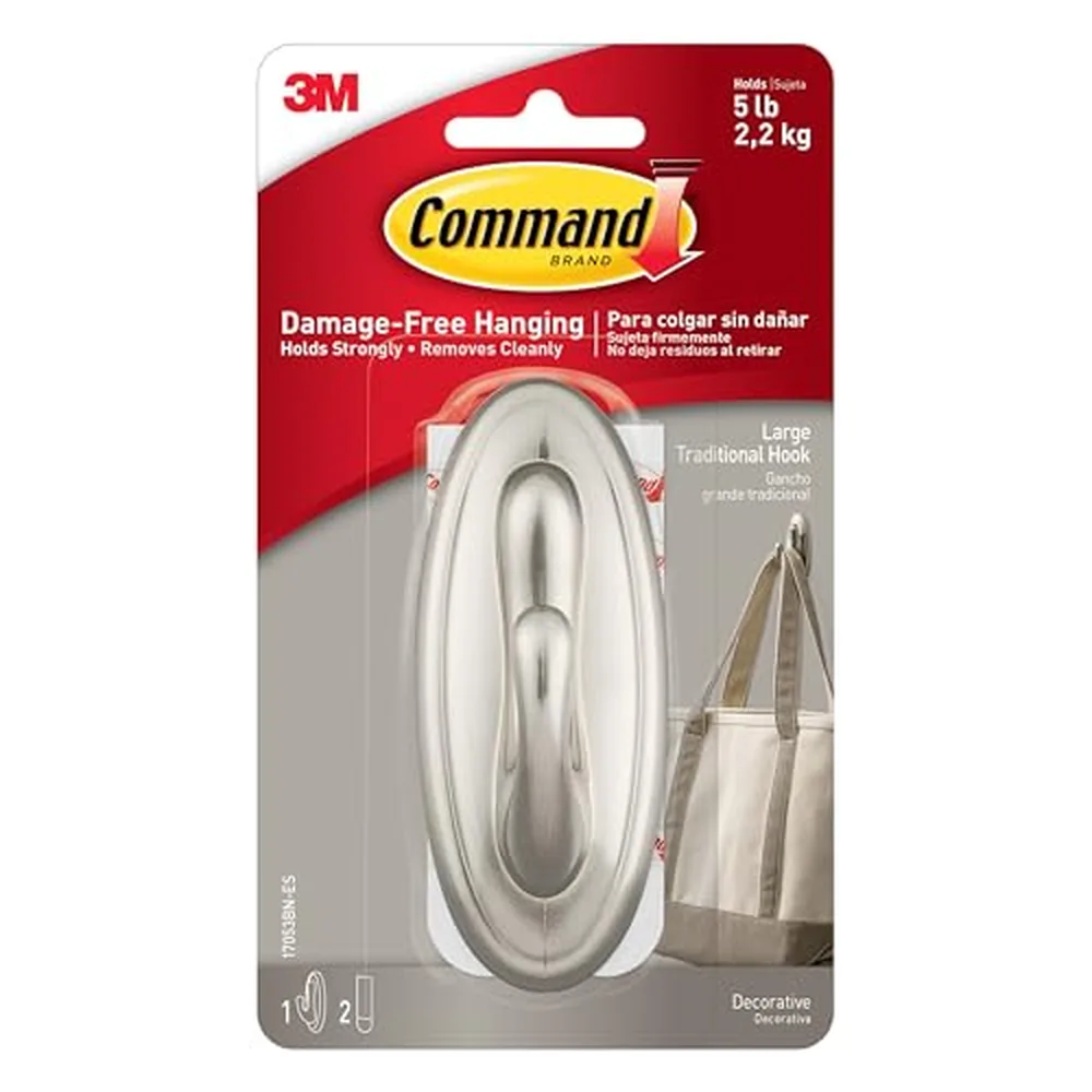 Command Large Hook, Brushed Nickel, 5 lb