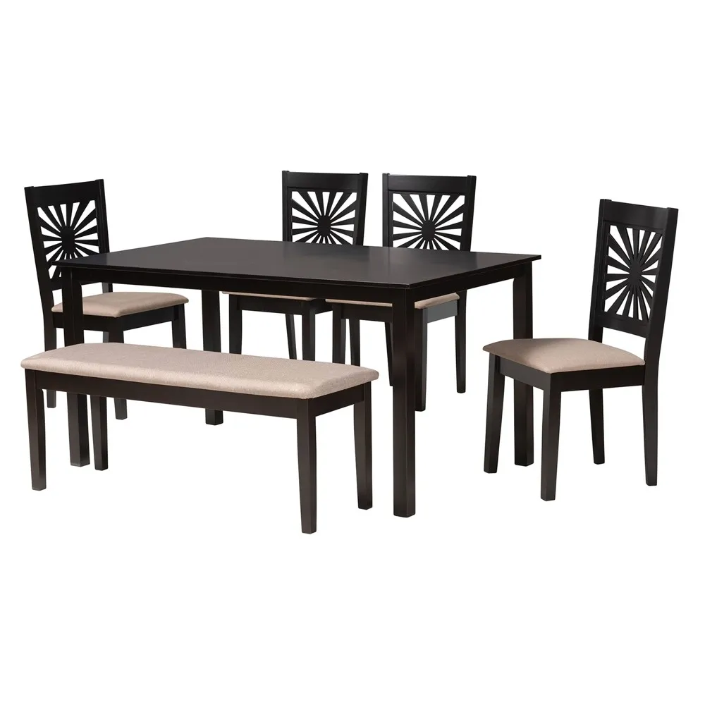 Baxton Studio Olympia Fabric and Wood 6-Piece Dining Set, Beige/Brown