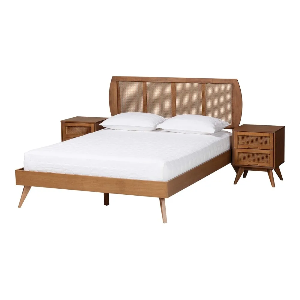 Baxton Studio Asami Wood and Rattan Queen 3-Piece Bedroom Set, Walnut Brown