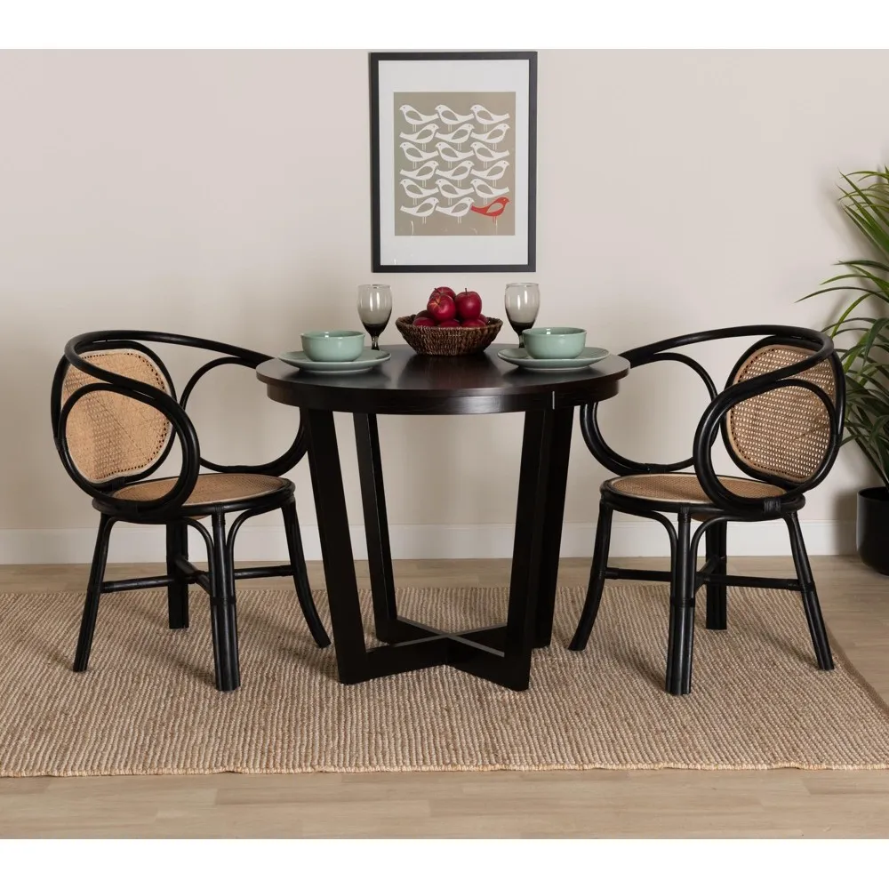 bali & pari Palesa Black and Brown Rattan Dining Set, Natural/Black