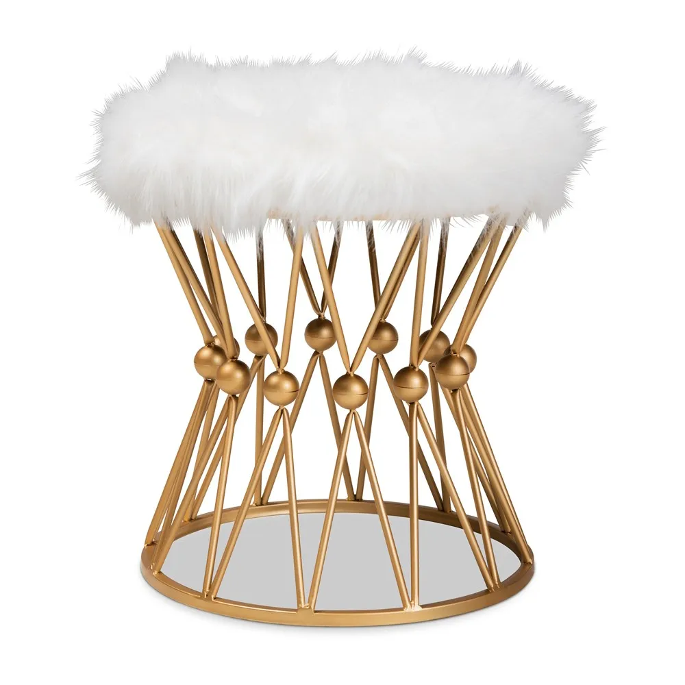 Baxton Studio Luxe Faux Fur Gold Finished Metal Ottoman, Gold